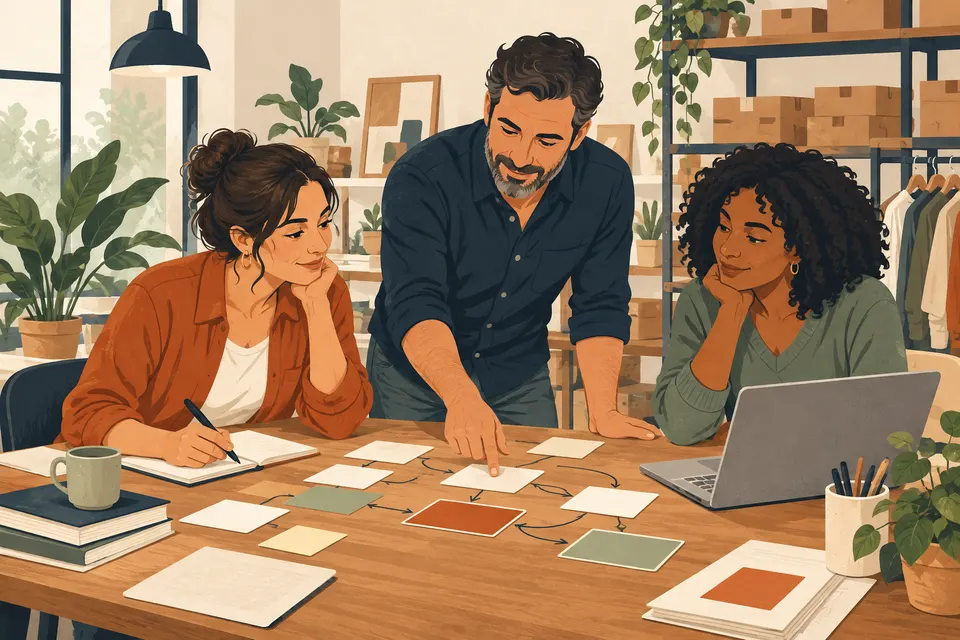 Illustration of a business team reviewing a connected workflow.
