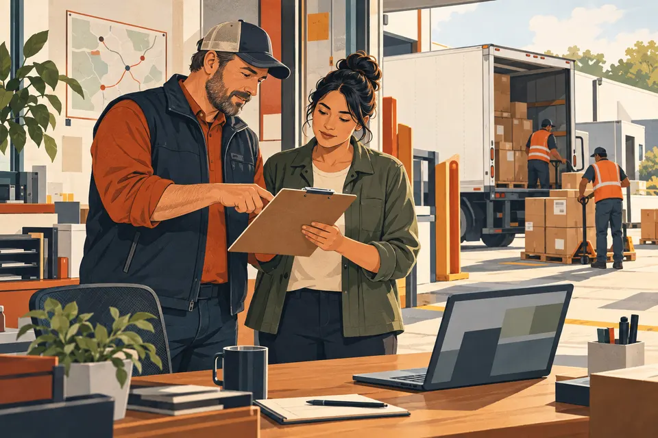 Illustration of a dispatcher and transport operator reviewing shipment paperwork.