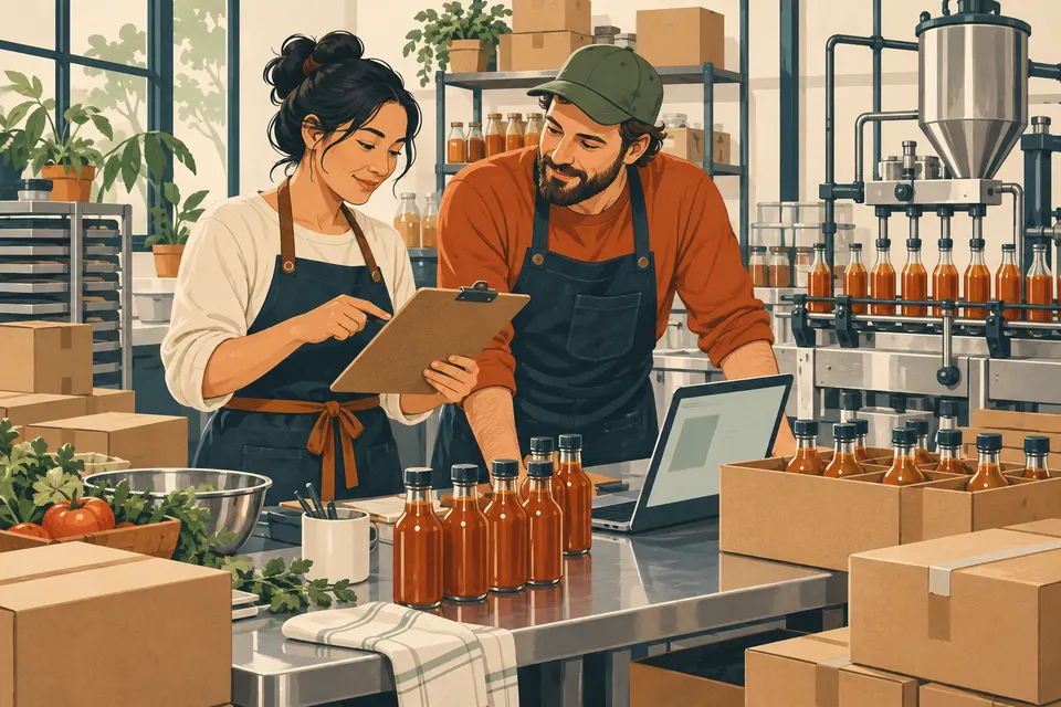 Illustration of a small manufacturing team reviewing production notes.