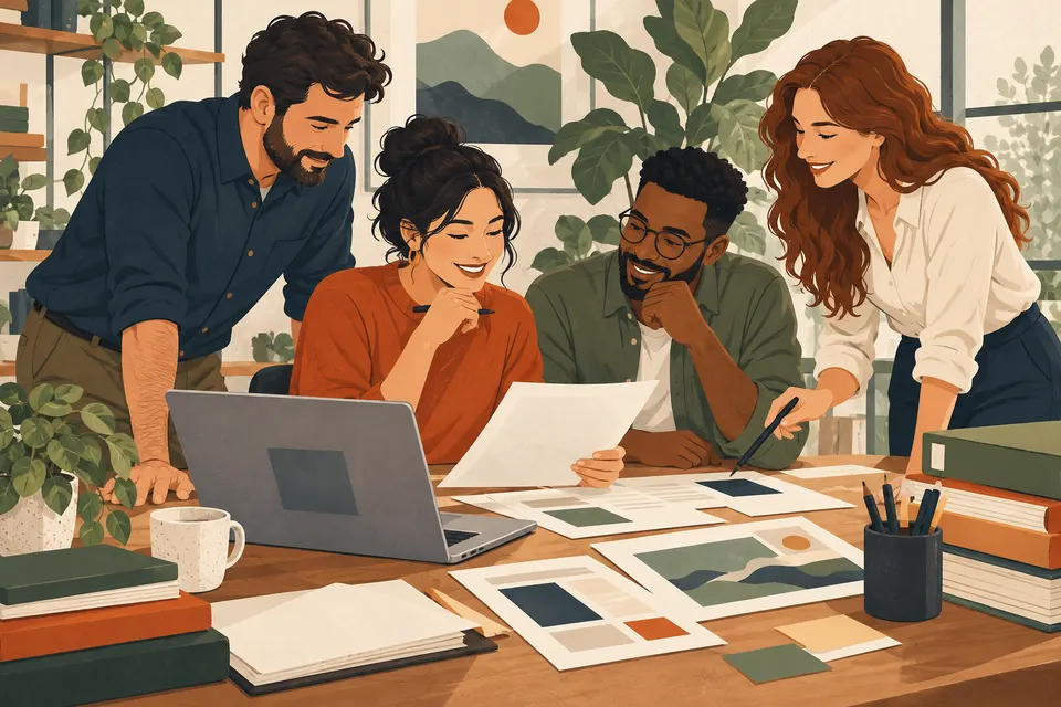 Illustration of colleagues reviewing documents at a desk.